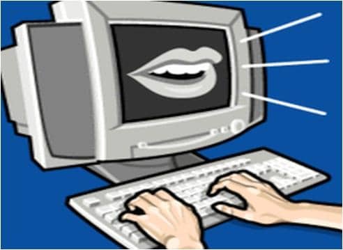 A cartoon of a computer with a mouth
