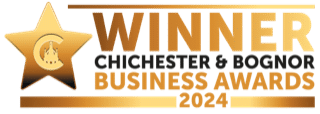 A gold star next to bold gold and black text that reads, WINNER CHICHESTER & BOGNOR BUSINESS AWARDS 2024. The star has a small icon inside it with a moon and stars.