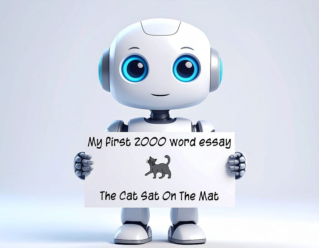 A cute AI robot holding a sign with the text My first 2000 word essay and The Cat Sat On The Mat beneath a cartoon cat, illustrating the limits of automation compared to real accessibility expertise, wcag 2.2 and accessibility coding.