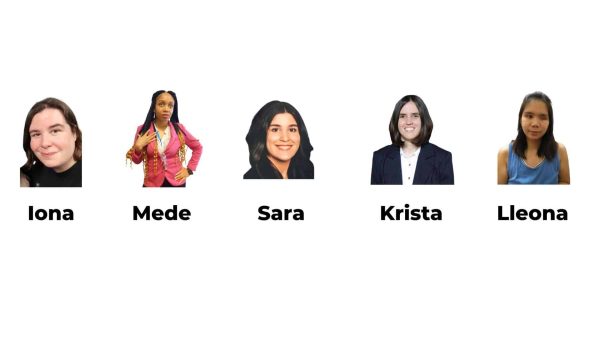 Five women stand in a row, each with a name label above them: Iona, Mede, Sara, Krista, and Lleona.