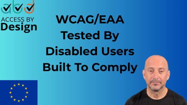 Blue gradient background displaying WCAG/EAA compliance text, various logos, and a man’s portrait in the lower right corner.