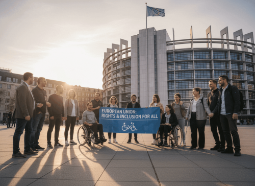 People of different backgrounds stand outside a modern EU building holding a disability rights banner beneath a clear blue sky.