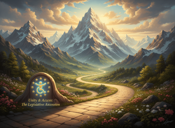 A winding path leads to snowy mountains, with a stone in the foreground engraved with an accessibility symbol and Unity & Access.