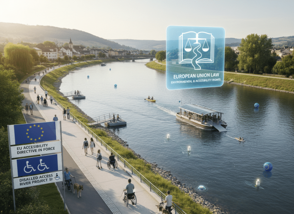 People walk and ride along a riverside path marked by EU accessibility and law signs, with boats visible on the nearby river.