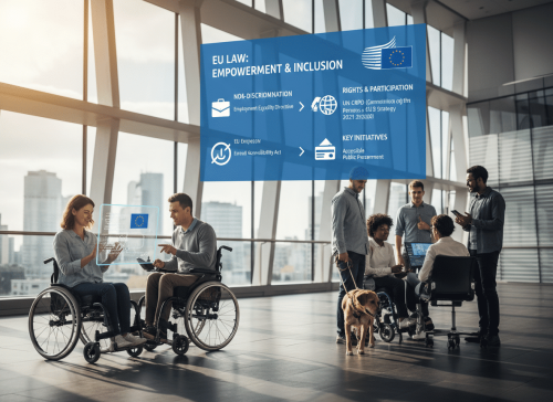 A diverse group of people with disabilities collaborate in a modern office, focusing on EU laws about empowerment and accessibility.