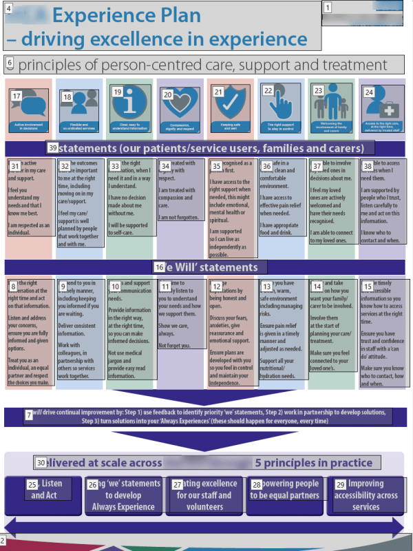 An infographic outlines an Experience Plan for person-centred care, featuring statements, actions, and guiding principles.