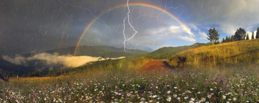 A rainbow arches above a mountain wildflower meadow as lightning strikes during a rainstorm.