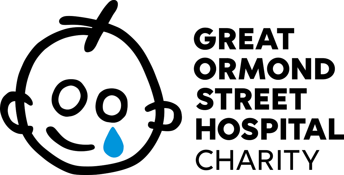 A childlike face with a blue teardrop appears beside bold text reading Great Ormond Street Hospital Charity, shown during an accessibility test.