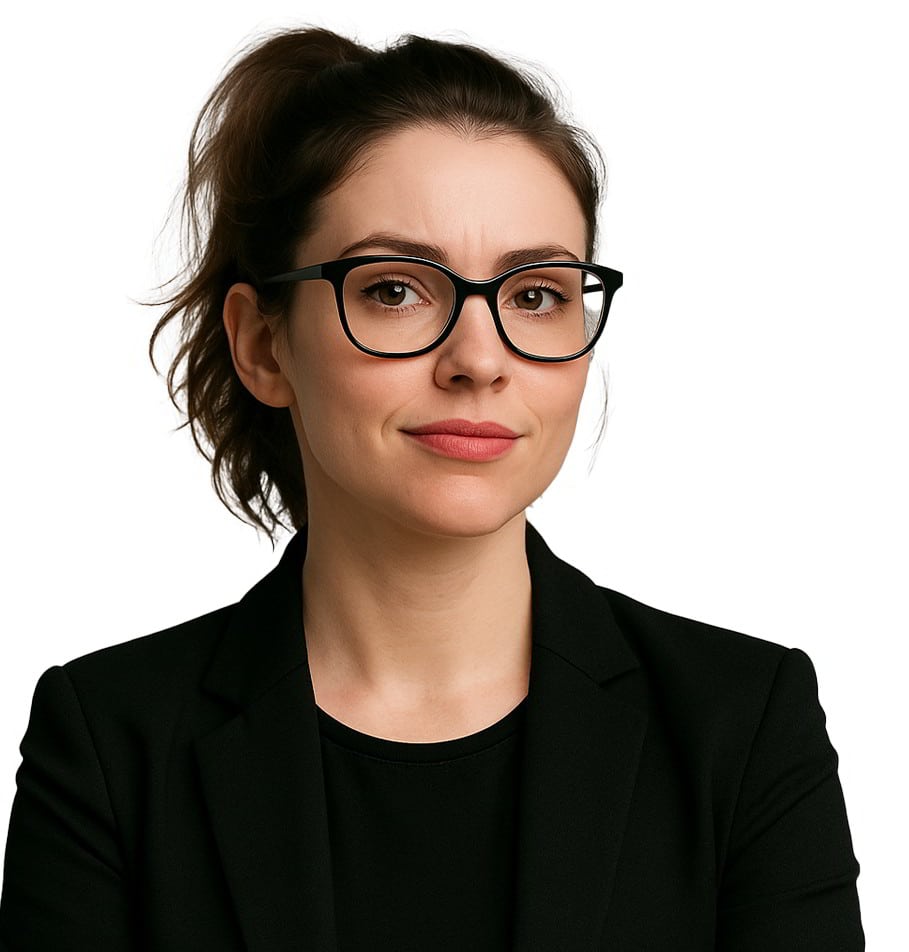A woman with a brown ponytail, black glasses, and a black blazer stands in front of a white background.