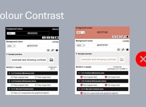 Two colour contrast checkers side by side; the left displays good contrast, while the right shows poor contrast with a warning icon.