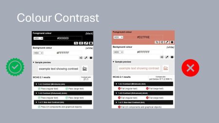 Two colour contrast checkers side by side; the left displays good contrast, while the right shows poor contrast with a warning icon.