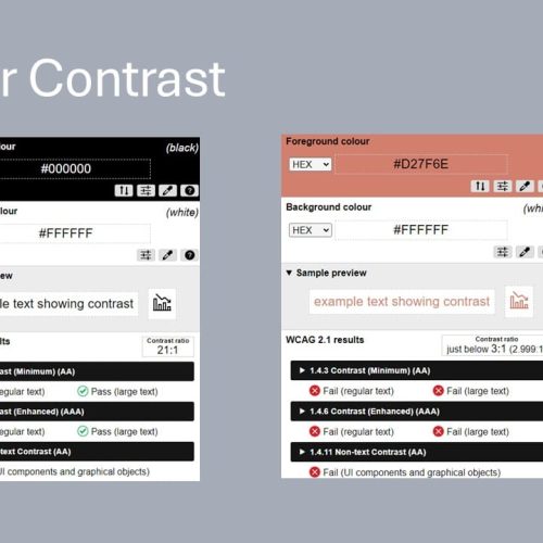 Two colour contrast checkers side by side; the left displays good contrast, while the right shows poor contrast with a warning icon.