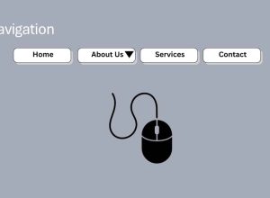A navigation menu with Home, About Us, Services, and Contact buttons is displayed above a drawing of a computer mouse.