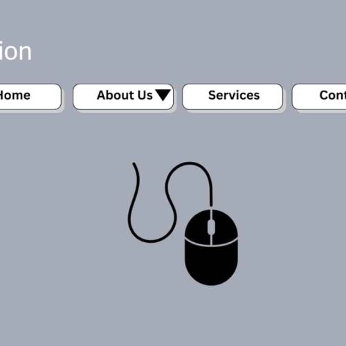 A navigation menu with Home, About Us, Services, and Contact buttons is displayed above a drawing of a computer mouse.
