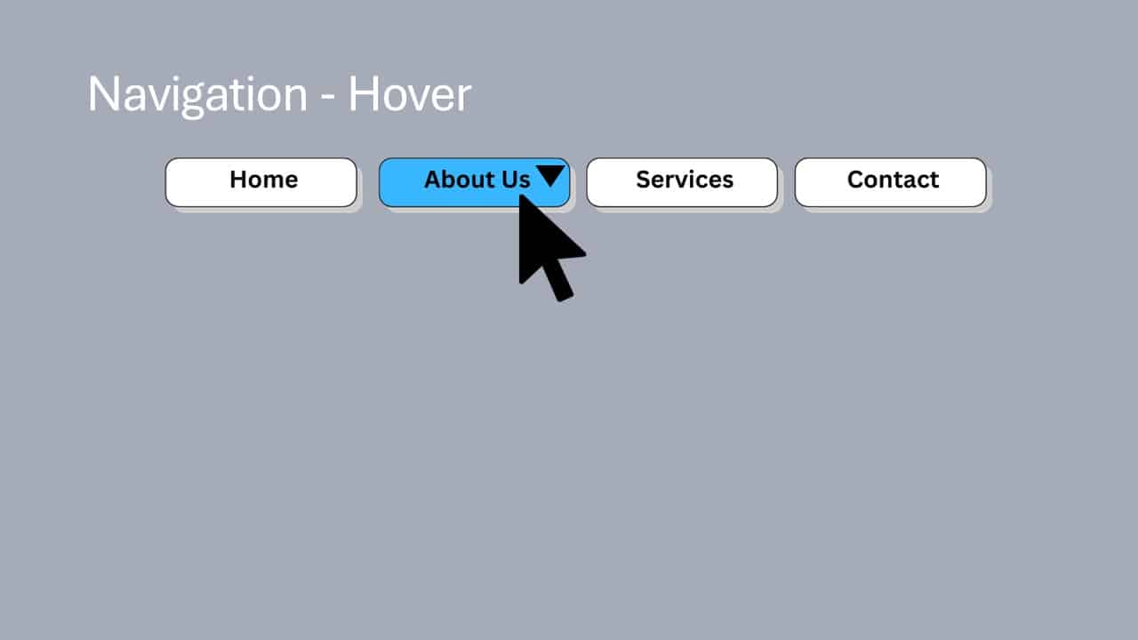 A cursor hovers over the About Us button in a navigation bar, highlighting it in blue.