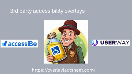 A cartoon man holds a bottle featuring a wheelchair icon, alongside accessiBe and UserWay logos and the overlayfactsheet.com URL.