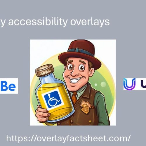 A cartoon man holds a bottle featuring a wheelchair icon, alongside accessiBe and UserWay logos and the overlayfactsheet.com URL.