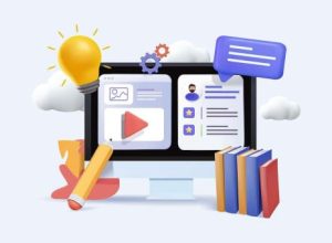 A computer monitor displays icons of books, a pencil, a light bulb, and a chat bubble symbolising online learning and creativity.