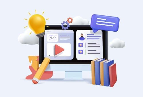 A computer monitor displays icons of books, a pencil, a light bulb, and a chat bubble symbolising online learning and creativity.