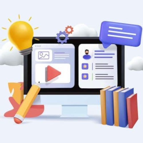A computer monitor displays icons of books, a pencil, a light bulb, and a chat bubble symbolising online learning and creativity.
