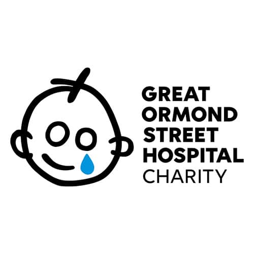 Line drawing of a child's face with a blue teardrop, shown beside the words Great Ormond Street Hospital Charity.