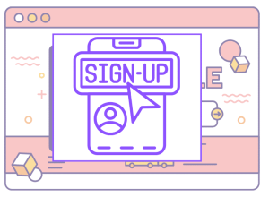 A smartphone displaying a sign-up button with a cursor, layered in front of an open web browser window.