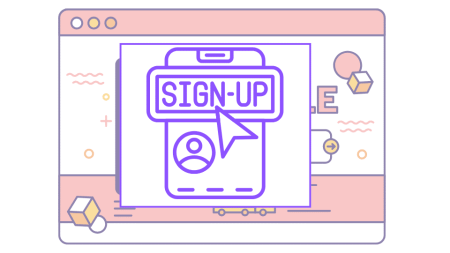 A smartphone displaying a sign-up button with a cursor, layered in front of an open web browser window.