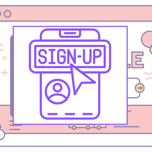 A smartphone displaying a sign-up button with a cursor, layered in front of an open web browser window.