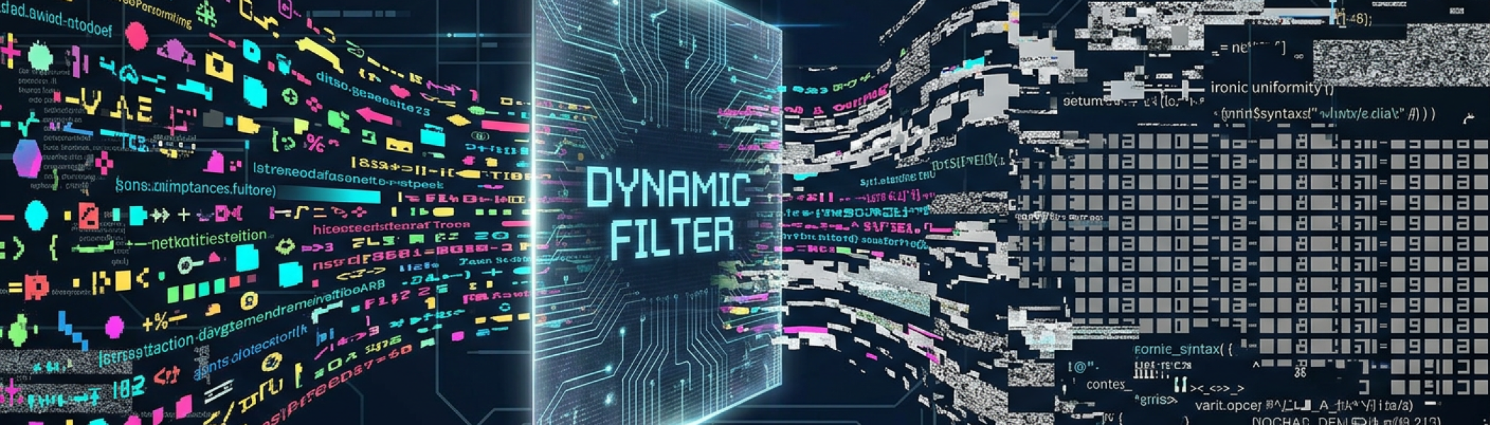 Multicoloured data streams flow into a digital Dynamic Filter and exit as neatly organised, structured lines on the opposite side.