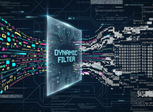 Multicoloured data streams flow into a digital Dynamic Filter and exit as neatly organised, structured lines on the opposite side.