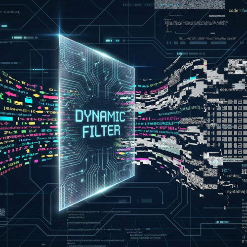 Multicoloured data streams flow into a digital Dynamic Filter and exit as neatly organised, structured lines on the opposite side.