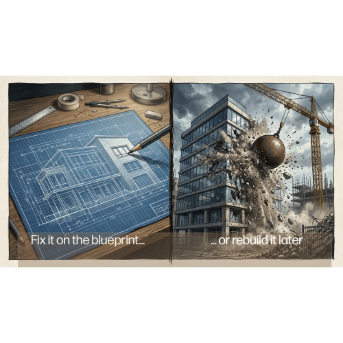 On the left, a blueprint and tools are displayed, whilst on the right, a wrecking ball is shown demolishing a building.