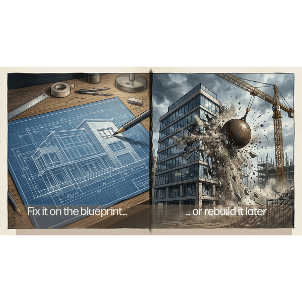 On the left, a blueprint and tools are displayed, whilst on the right, a wrecking ball is shown demolishing a building.