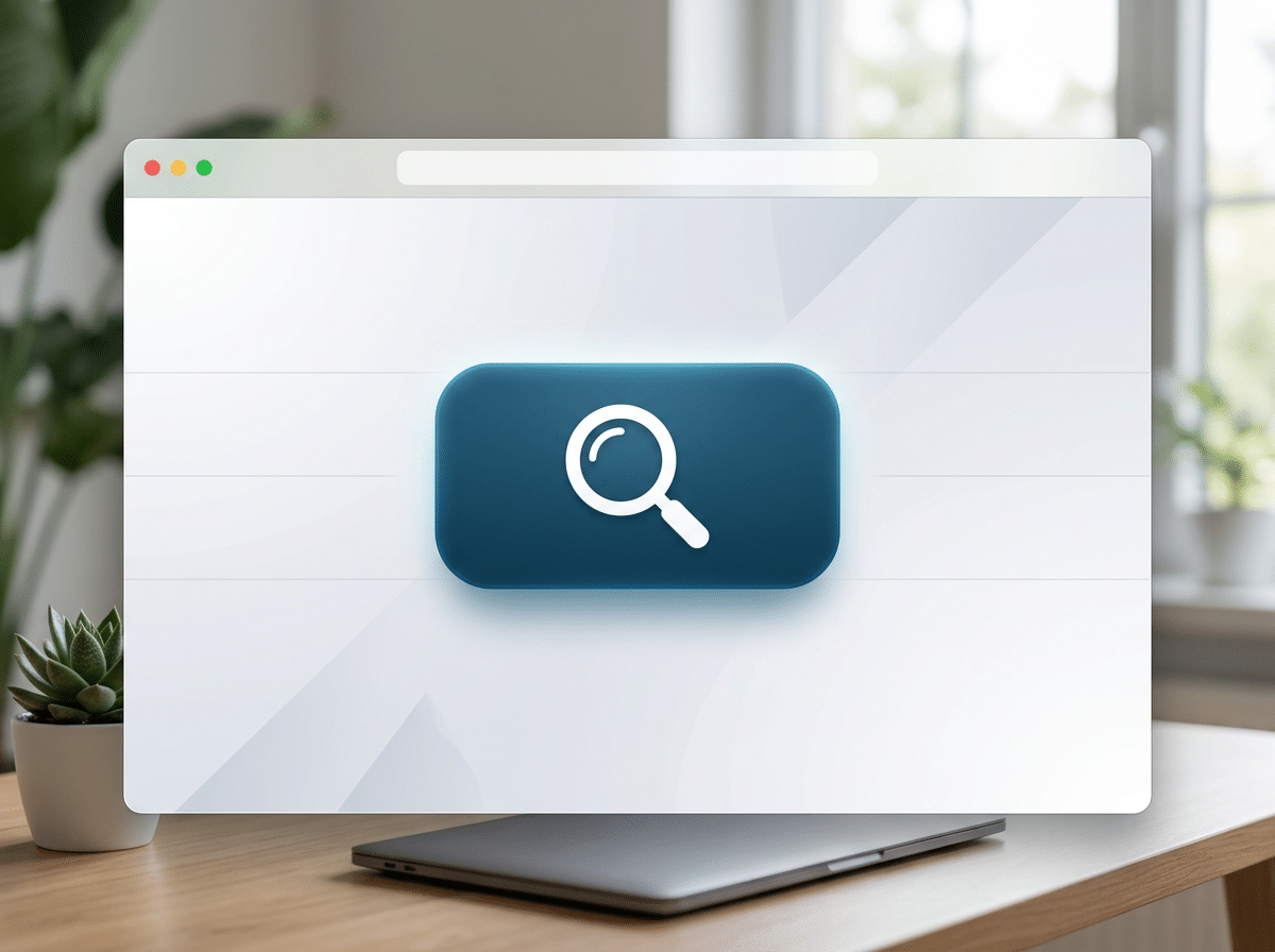 A computer screen shows a prominent search icon button, with a plant and a window visible in the background.