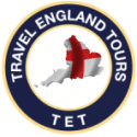 Circular logo featuring the words Travel England Tours TET encircling a map of England marked with a prominent red cross.