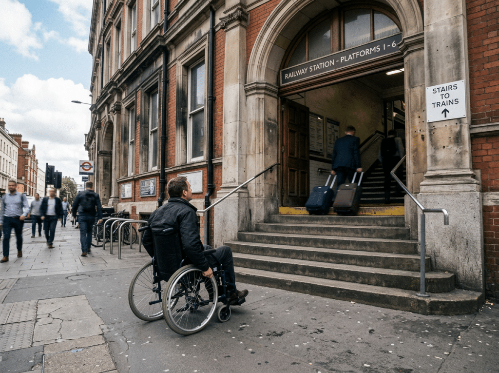 A man in a wheelchair stops at the bottom of stairs to a railway station as several people with suitcases ascend the steps.