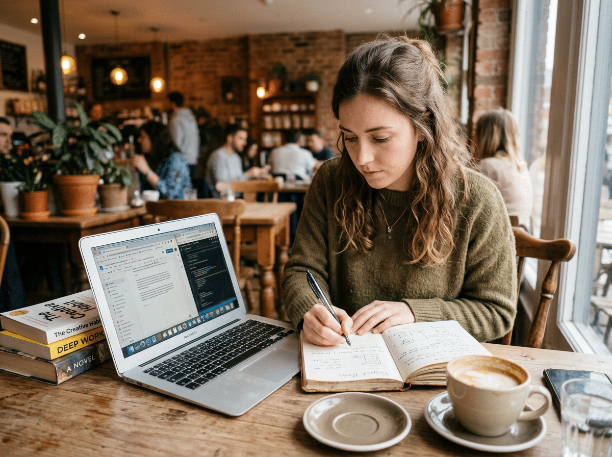 A woman writes in a notebook at a café table with a laptop, coffee cup, and books.