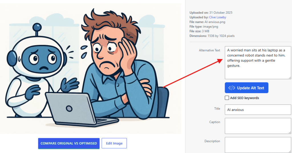 A worried man sitting at a laptop receives support from a friendly robot making a gentle hand gesture.