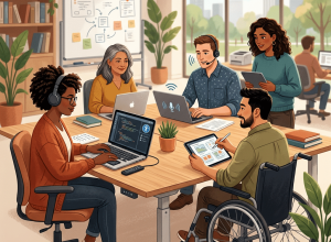 A diverse group, featuring a person in a wheelchair, collaborates in a modern office using laptops and tablets.