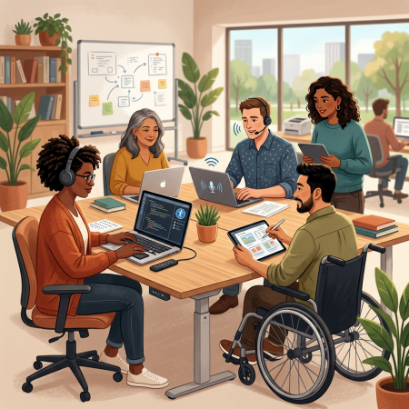 A diverse group, featuring a person in a wheelchair, collaborates in a modern office using laptops and tablets.