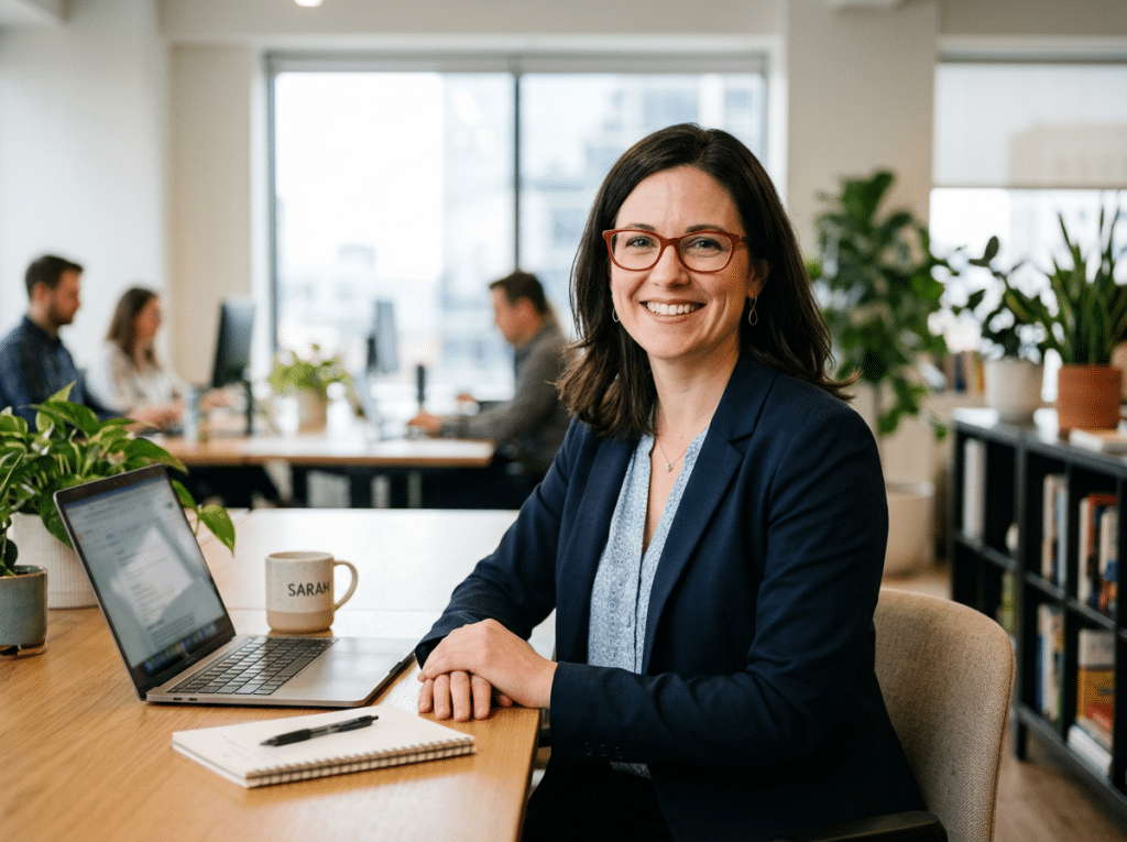 A woman wearing glasses smiles at her desk with a laptop and notebook in a modern office, whilst colleagues work in the background.