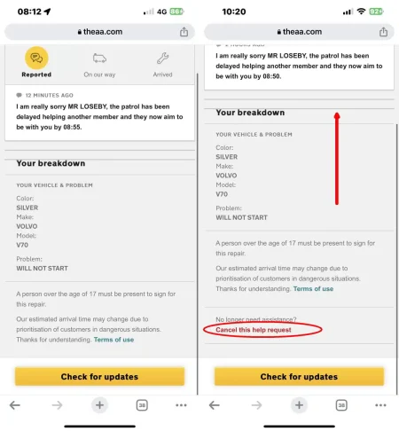 Two smartphone screens display a vehicle breakdown report for a silver Volvo V70, including options to cancel the assistance request.
