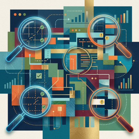 Magnifying glasses focus on various colourful charts, graphs, and data visualisations in an abstract composition.