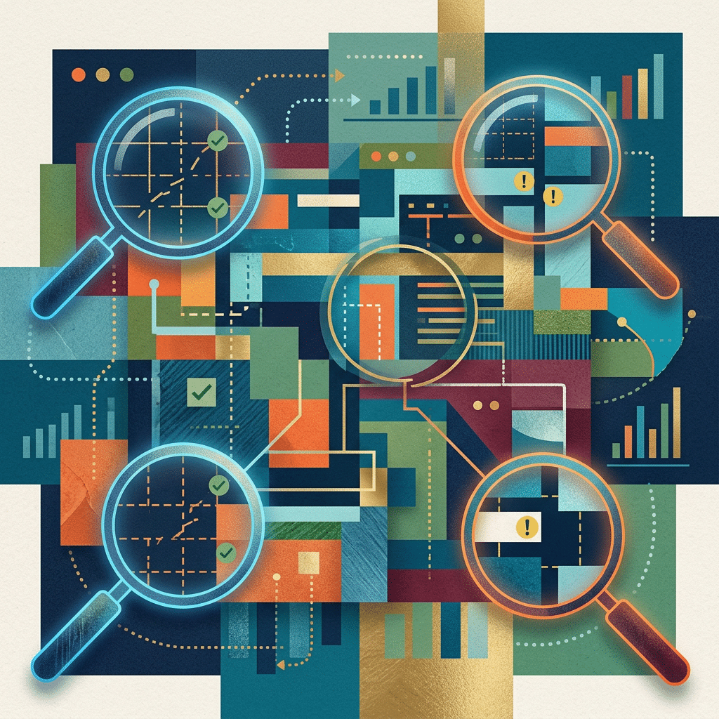 Magnifying glasses focus on various colourful charts, graphs, and data visualisations in an abstract composition.