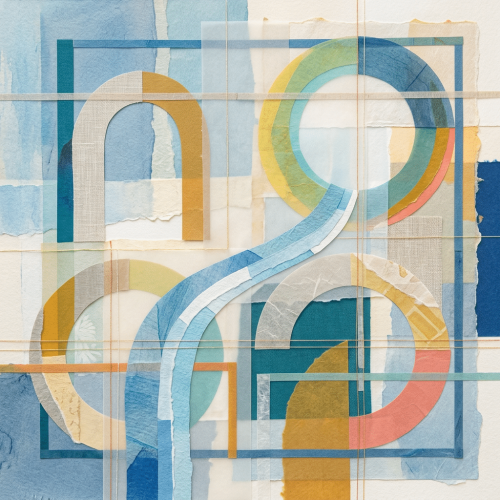 An abstract collage features blue, yellow, and peach arches and circles layered on textured paper.