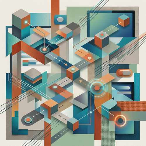 A geometric pattern featuring interconnected cubes, lines, and various shapes in blue, orange, and beige tones.