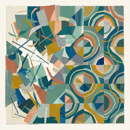 Colourful geometric shapes and lines in green, blue, gold, and peach create a curved abstract pattern.