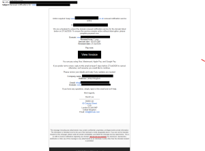 A domain renewal scam email displays payment options, company details, and a View Invoice button.