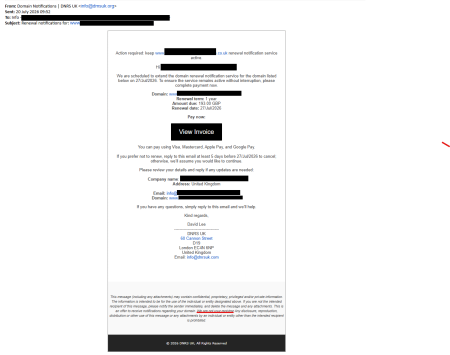 A domain renewal scam email displays payment options, company details, and a View Invoice button.