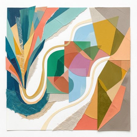 An abstract collage features colourful geometric shapes, curved lines, and layered textured paper against a white background.